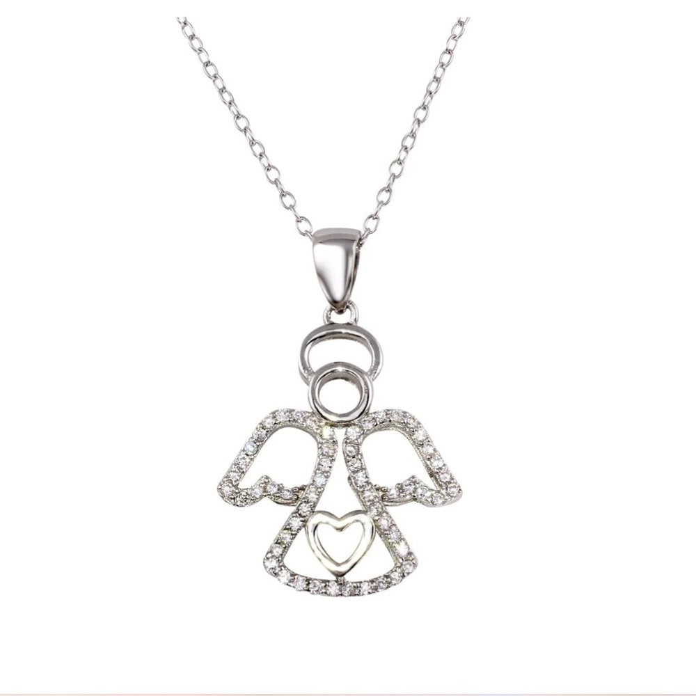 Sterling Silver 925 Rhodium Plated Clear Angel Heart Pendant with CZ Necklace